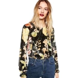 ZARA crushed velvet velour palm green floral long sleeve bodysuit S